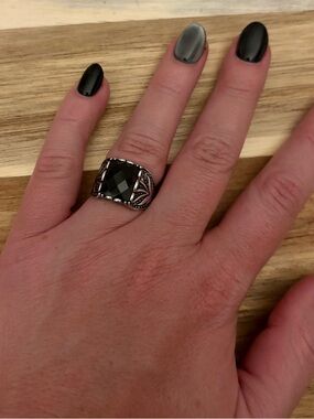 Vintage Black Faceted Statement Ring Silver Tone Boho Gothic Size 8